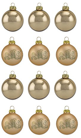 Thüringer Glasdesign A012-0606-1340 - 12 teiliges Glaskugel Sortiment in Gold, Uni glanz und Deko matt mit Dekor Kerze
