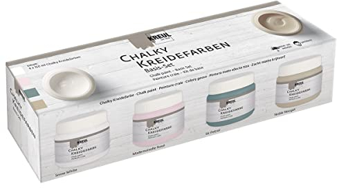 KREUL 75305 - Chalky Kreidefarbe im Set, 4 x 150 ml Farbe in Snow White, Mademoiselle Rosé, Sir Petrol und Noble Nougat, sanft - matte Farbe, cremig deckend, schnelltrocknend
