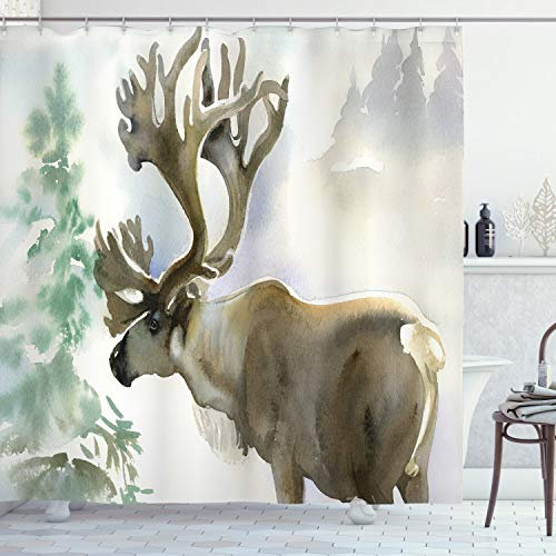 ABAKUHAUS Hirsch Duschvorhang, Winter Forest Farbe Stil, Stoffliches Gewebe Badezimmerdekorationsset mit Haken, 175 x 240 cm, Beige Grün