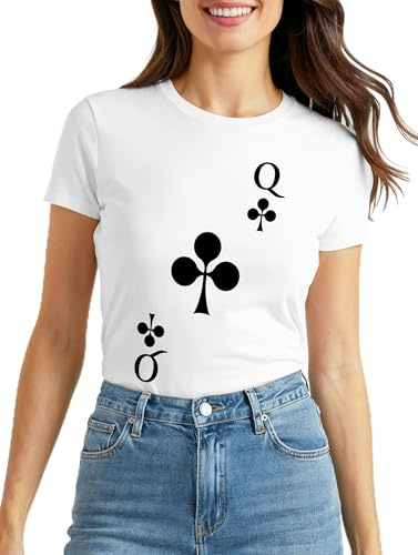 MoonWorks Slim Fit Damen T-Shirt Kartenspiel Kostüm Spielkarten Gruppenkostüm Karten Fasching Karneval Faschingsshirt Weiss XS