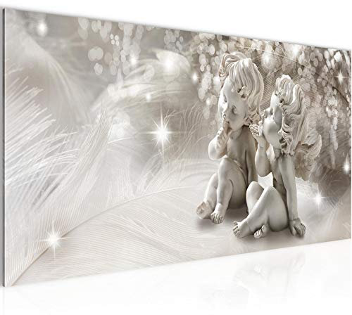 Runa Art Wandbild Engel 1 Teilig 100 x 40 cm Modern Bild auf Vlies Leinwand Abstrakt Feder Wohnzimmer Schlafzimmer Biege 025012a