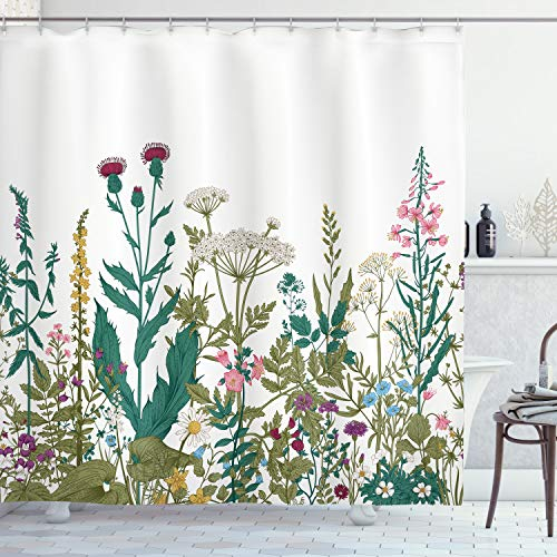 ABAKUHAUS Frühling Duschvorhang, Wildflower Arrangement, Stoffliches Gewebe Badezimmerdekorationsset mit Haken, 175 x 220 cm, Mehrfarbig