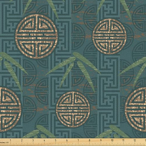 ABAKUHAUS Bambus Gewebe als Meterware, Authentische asiatische Motive, Dicht Gewebter Stoff zum Nähen Polster Wohnaccessoires, 3M (148x300cm), Elfenbein Teal Tan