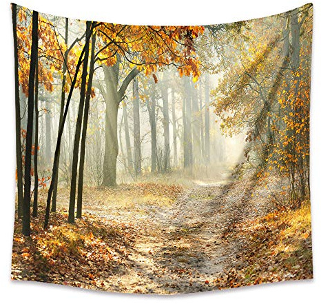 Lsimeru Wald Nebel Wandteppich Herbst Waldweg Groß 180x230 Natur Landschaft Wandbehang Forest Baum Sonnenaufgang Wandtuch Tapestry Tapisserie Wandkunst Tischdecke Schlafzimmer