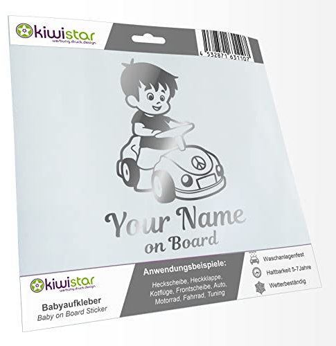 Kiwistar - Babyaufkleber - Chrom - Junge Auto Sticker - mit Wunschtext individuell personalisiert + Baby on Board 20cm - für Auto, Motorrad, Tuning - Aufkleber selbst gestalten