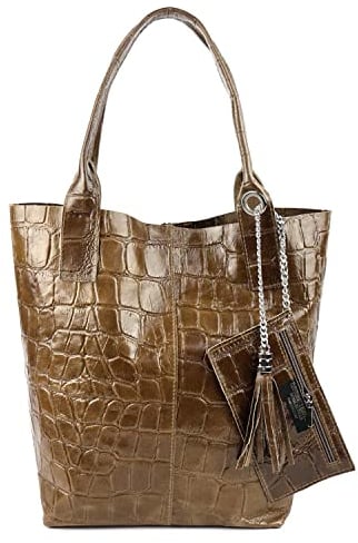 Made IN Italy Damen XXL Leder Tasche + Schmucktasche Wildleder Shopper Schultertasche Fransen Umhängetasche Quaste Kette DIN-A4 Hobo Tote Bag Taupe Korko