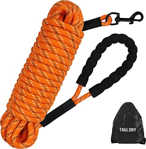 Taglory Schleppleine 15m für Hunde | Reflektierendes Seil | Gepolsterter Griff | 8mm Orange