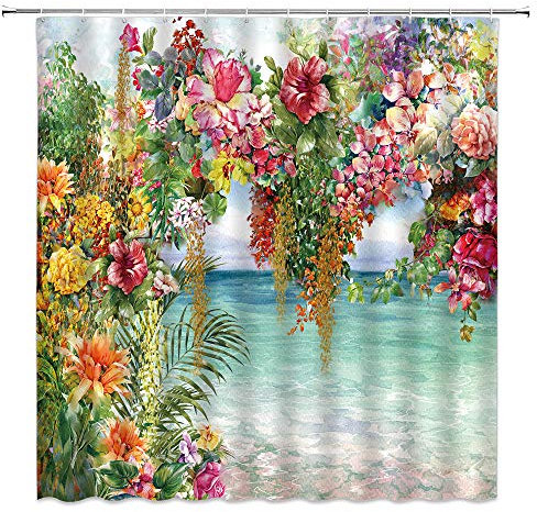 Hawaii Duschvorhang tropischer Stil, Sommer-Ozean-Strand-Wasserfarben, Hibiskus, Frangipani, exotische Pflanzen, Blume, buntes Design, grüne Palmblatt-Badezimmerdekoration (bunt, 178 x 178 cm)