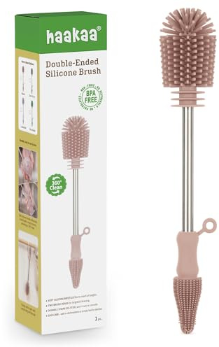 haakaa Dual-Ended Silicone Baby Bottle & Teat Cleaning Brush, Pink | BPA-free Silicone Bristles for Breast Pump Parts, Milk Collectors, Reusable Straws & Sippy Cups
