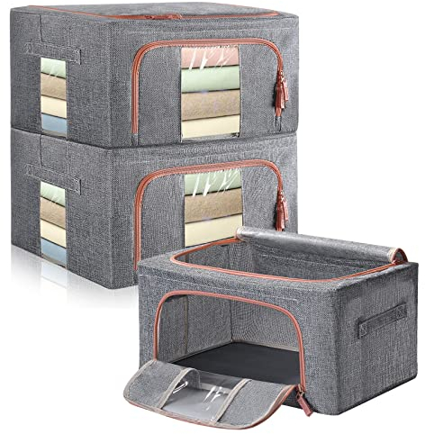 Hivexagon Steel Frame Storage Box, 24L Clothes Storage Bag with Double Opening Zipper,Thick Cotton Linen Protect from Moisture Dust,Perfect for Clothing Toys Sheets Blankets (Set of 3)