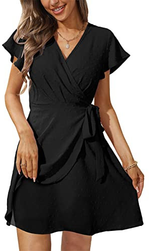 Aokosor Summer Dresses for Women V Neck Dress Ladies Mini Ruffle Sleeve Dress Elegant Black Size 10-12