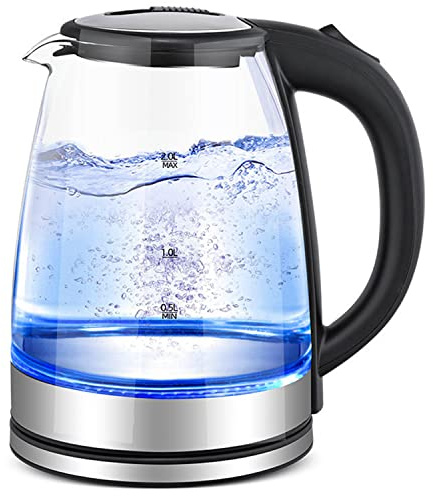 Abreli Hervidor Agua Electrico 2L, 1500W Calentamiento Rápido, Luz LED, Tetera Eléctrica Vidrio Inalámbrica sin BPA, Apagado Automático y Protección para Hervir y Secar, Filtro Acero Inoxidable