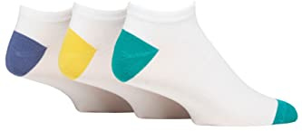 SockShop Wildfeet Mens Bamboo Trainer Socks Pack of 3 White Green/Yellow/Denim Heel & Toe 7-11