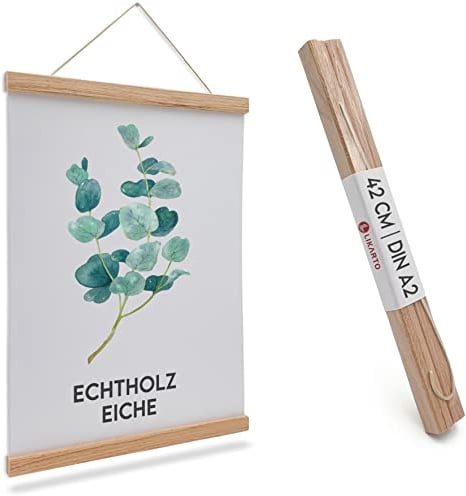 LIKARTO Premium-Posterleiste Holz Eiche A2 | 42 cm - Hochwertige magnetische Bilderleiste aus Echtholz inklusive Lederband - Einfaches Bilder aufhängen