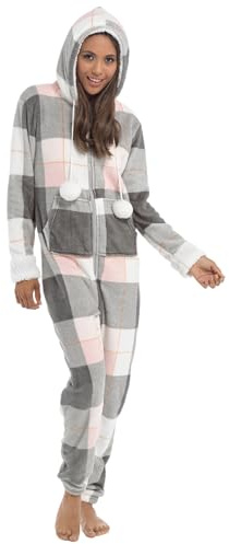 Lora Dora Combinaison Femme Imprimé Carreaux Tout-en-Un Pyjama Polaire à Capuche à Carreaux Luxe