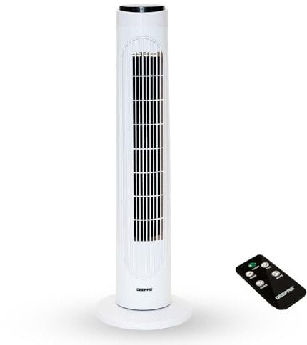 GEEPAS 29 Tower Fan with Remote Control | Portable Bladeless Oscillating Cooling 3 Speed Level 3 Mode With 7.5H Timer | Energy Efficient Air Cooler for Home Office 2 Year Warranty 50W White