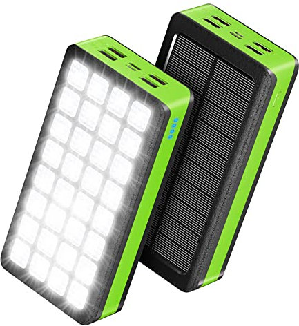 Pusiou 【New upgrade】Portable Solar Charger 30000mAh, Solar Power Bank with 4 Outputs & Dual Inputs 32 LEDs Flashlight, Waterproof Charger Fast Charging Battery Pack for Smartphones Tablets Outdoors