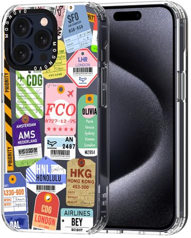 MOSNOVO Case for iPhone 15 Pro Max, [Buffertech 6.6ft Military-Grade Drop Protection] [Anti Peel Off Tech] Clear TPU Bumper Phone Case Cover Design - Air Ticket Labels