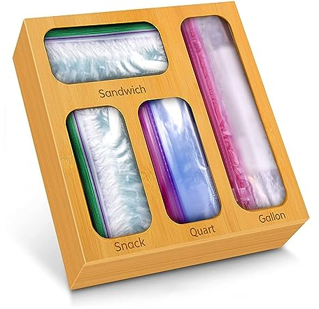 4-in-1-Bambus-Taschen-Organizer, Kunststoff-Folienspender, Lebensmittelbeutel-Aufbewahrungsorganisator for Schublade, Küchenschubladen-Organizer, Gallone, Slider Quart