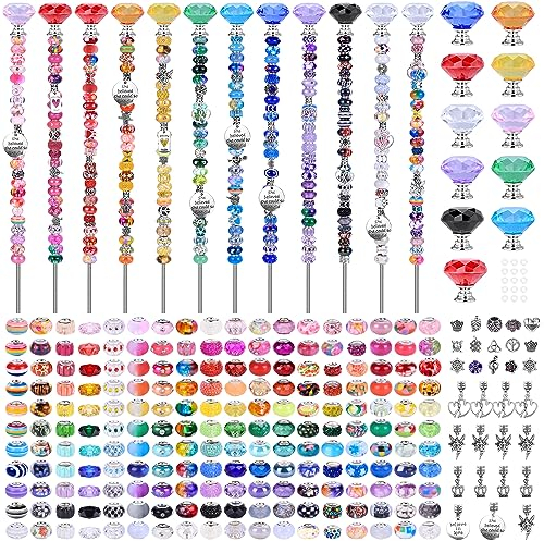 AIPRIDY 275 Stück DIY Feenstab Gartenstäbe Set, Scheme Europäische Perlen Kristall Diamant Tops und 30,5 oder 25,4 cm Gewindestangen, Edelstahlpfähle mit Diamantspitze (Regenbogen)