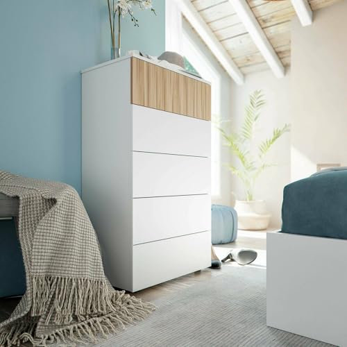 Dmora Cassettiera Wynne, Settimanale a 5 cassetti, Mobile Comò per Camera da Letto, Comò Moderno, 61x40h109 cm, Bianco e Rovere