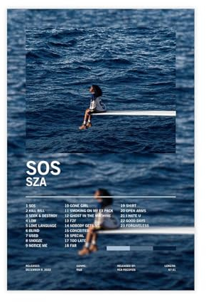 BSapp Sza Poster Sos Album Cover Poster Leinwand Poster Schlafzimmer Dekor Sport Landschaft Büro Zimmer Dekor Geschenk 30 x 45 cm