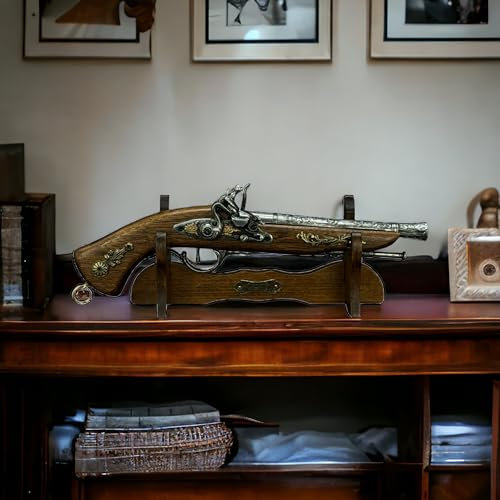 Steinschloss Pistole Mit Ständer oder Perkussions Pistole Holz und Metall Deko Waffen Replik LARP Reenactment historische Dekoration für einen Sammler oder Geschenk für Mann schießt Nicht (W164)