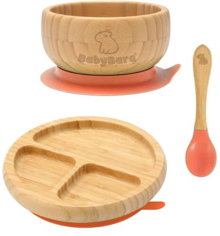 BABYBARA ® Baby Weaning Set, Bamboo Bowl Plate and Spoon, Segmented Baby Feeding Set with suctions, Baby weaning Essentials, Tableware Set