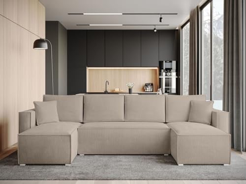 BROMARKT Ecksofa mit Schlaffunktion Sofa Cord Eckcouch mit Bettkasten Wohnzimmer Möbel U Form Couch gästebett Sofa Kissen groß 305x145x74 cm Cappuccino