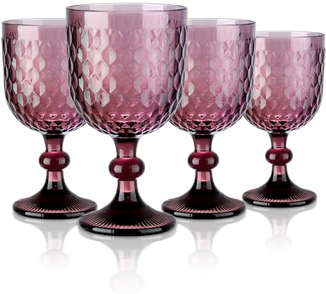Joeyan 350ml Verres à Vin Vintage Violets Avec Motif en Relief Diamant,Lot de 4 Colorés Ensemble Gobelets à Vin Pour Boissons au Jus de Vin,Verres à Boire Rétro Avec Pied,Passent au Lave-Vaisselle