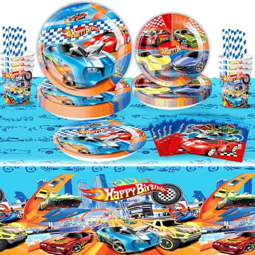Rennauto Partygeschirr Set,51 Stück Autos Pappteller Kindergeburtstag,Auto Kindergeburtstag Geschirr,Wiederverwendbare Teller Becher Servietten Tischdecke Geburtstag Tischdekoration für 10 Gäste