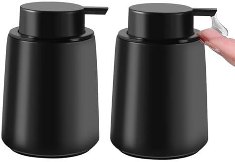 WIYETY Lot de 2 distributeurs de savon, en céramique, noir mat, 400 ml, distributeur de liquide vaisselle, distributeur de lotion, convient pour savon pour les mains, shampoing, gel douche, cuisine,