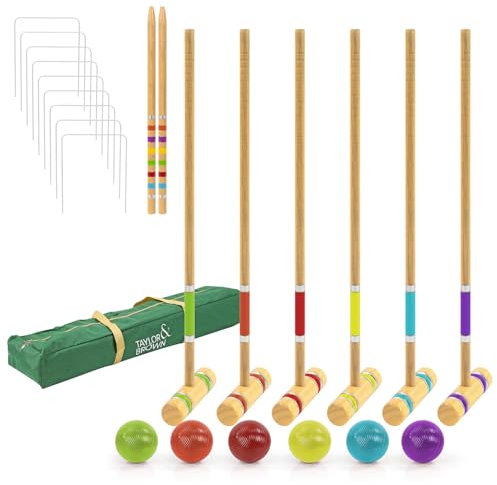 Taylor & Brown Six Player Croquet Set with Deluxe Premium Pine Wooden Mallets, Coloured Balls, Wickets, Stakes - Family Lawn Backyard Game Set, Includes Carry Bag