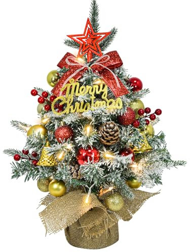 45CM Mini Christmas Tree Artificial Tabletop Christmas Tree with LED Lights, Small Xmas Tree with Star Tree Topper, Balls, Bows, Pine Cones for Christmas Decorations(Red Golden Silver)