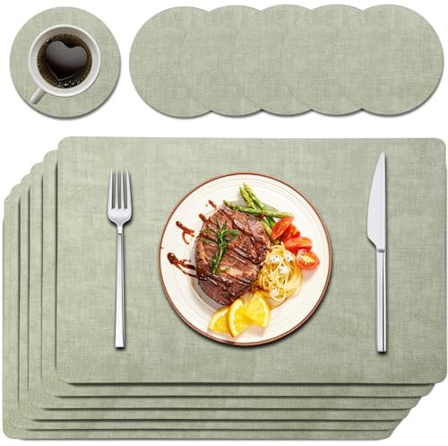 Purejoy Placemats and Coaster Sets 6, Christmas Table Mats PU Leather Heat-Resistant Washable and Non-Slip 43 * 30 cm Dinner Table Mats Set of 6 for Kitchen Mat Table Indoor (Light Green)