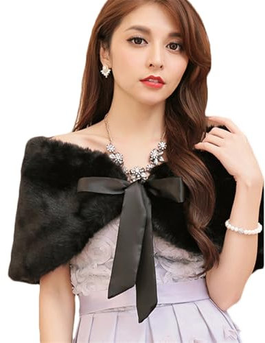 Brautstola Kunstfell Festlich Stola Damen Elegant Abendstola mit Schleife Brautschal Winter Warm Brautjacke Hochzeit Brautkleid Party Abendkleid Winter Herbst Stola für Frauen Mädchen Schwarz