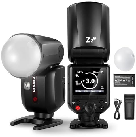 NEEWER Z2-C Flash Speedlite TTL Tête Ronde 2,4G Compatible avec Canon, HSS 76W 1/8000s avec Diffuseur, 2 Lampes Pilotes, Nouvelle Interface Utilisateur, Sélecteur TCM TTL/M, 3000mAh 600 Flash