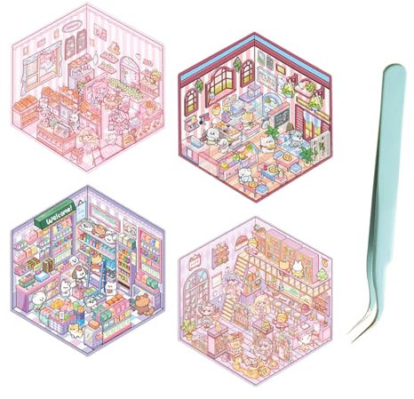2024 DIY 3D House Stickers, 4 Sets DIY 3D House Stickers, 3D House Sticker Set, 3D Haus Aufkleber 4 Set, 3D Sticker Scene, Make Your Own Supermarket|Coffee Shop|Restaurant|Bookstore (B)