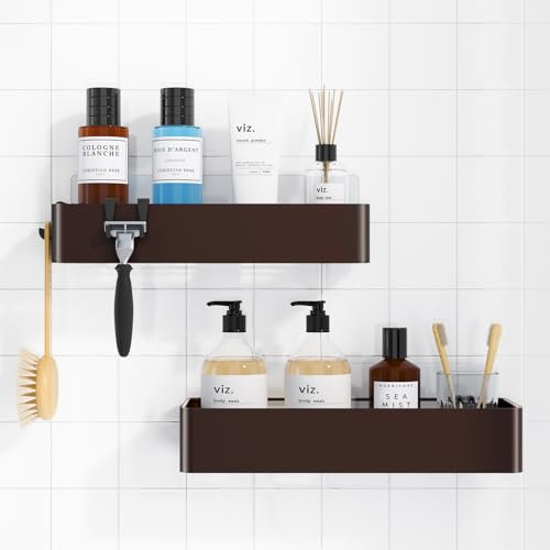 Kitsure 3 Pack Rustproof Shower Caddy - 2 Shelves, Drill-Free & Quick-Dry Shower Organizer, Rustproof Bathroom Shelves with 4 Hooks, Large, Black
