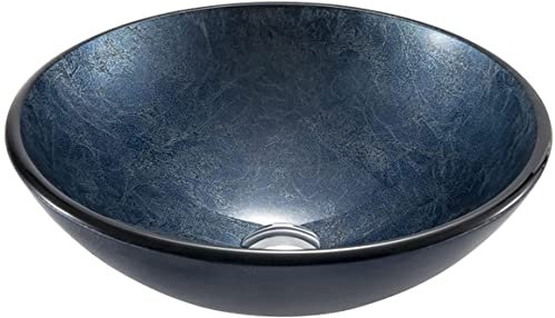 Handwaschbecken aus gehärtetem Glas, klein, marineblau, mit Pop-Up-Ablaufgarnitur für Gäste-WC oder kleines Badezimmer