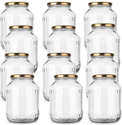 MIKONI 2,5 Liter Weckgläser Gurkenglas Einweckgläser Deckel Einmachgläser Vorratsgläser Einmachglas Sturzglas Konservenglas Rundgläser GOLD Deckel (12)