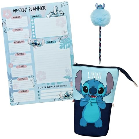 Undercover Wochenplaner Disney Stitch mit Kugelschreiber und Federmappe, Personalisiert mit Name, Geschenk Set Notizblock Planer A4 mit Puschelstift Stifteetui, Schulset Geschenk Kinder