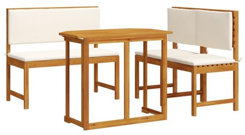 vidaXL Rustikales Akazienholz Balkontisch Set | Wetterfest | Kompakte Faltbare Bauweise | Enthält 2 Stühle und Kissen | Ideal zum Essen und für den Außenbereich