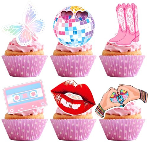 24PCS Popular Disco Cupcake Toppers with 6 Music Theme Designs - Butterfly, Disco Ball, Cowboy Boots, Cassette Tape, Red Lips, Heart - Shaped Hands for Disco Cowgirl Party Decorations