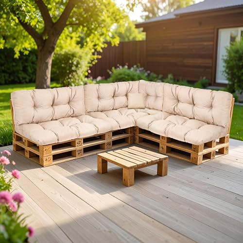 SLIPIO Palettenkissen für Europaletten, 8-TLG. Set, wetterfest, Beige | Palettenpolster; FÜLLPRO+ Füllung; 3x Rückenkissen 120x40 cm + 3x Sitzkissen 120x80 cm + 60x40 + 50x50