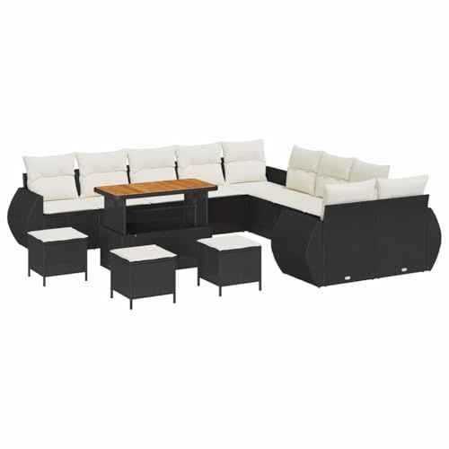 vidaXL 14-teiliges Garten-Sofa-Set mit Kissen in Schwarz und Creme, UV-beständig. Es besteht aus einem Tisch und hat EIN modernes Design für Terrassen, Balkone, Gärten, Lounges und Patios.