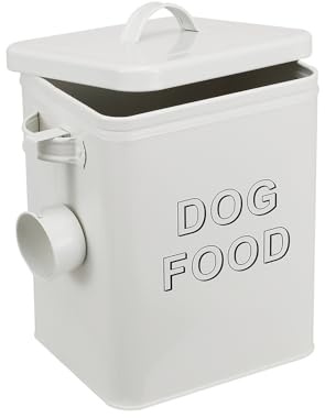 ZoeQide Contenedor Pienso Perro 5L Metal Blanco, Bote con Cuchara y Asa | Contenedor pienso con tapa, formato vertical para guardar comida perros, pienso de gato o golosinas en estante o despensa