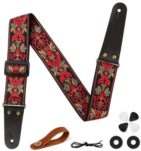 Aucuu Guitar Strap, 2 Embroidery Guitar Straps with Leather Ends Shoulder Strap, Vintage Embroidered Guitar Straps Come with Button, 1 Pair Locks and 4 Guitar Picks
