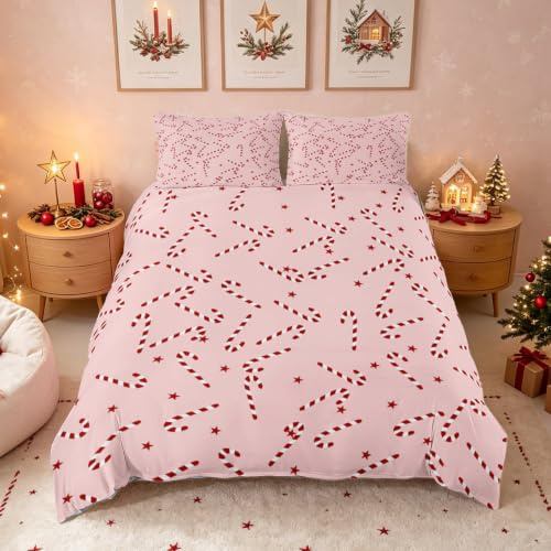 Homemissing Weihnachts-Zuckerstangen Bettwäsche Set 135x200cm Weihnachten Bettbezug Weihnachten Glückliche Feiertage Betten für Kinder Jungen Mädchen Bettwäsche-Set
