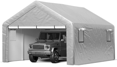 Jocoevol Carport 13x21 FT Enclosed Carport with Roll-up Windows, Portable Garage with Removable Sidewalls & Doors, Car Canopy Tent with Sandbags All-Season Tarp for Car Boat Truck Motorcycle